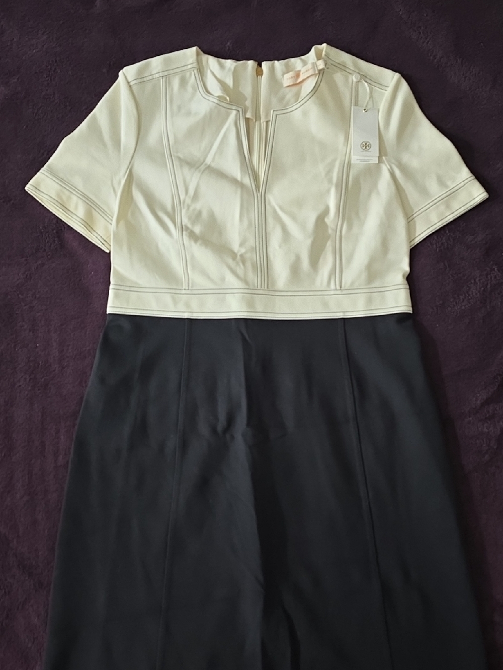 Tory Burch Cream and Black Colorblock Midi Dress